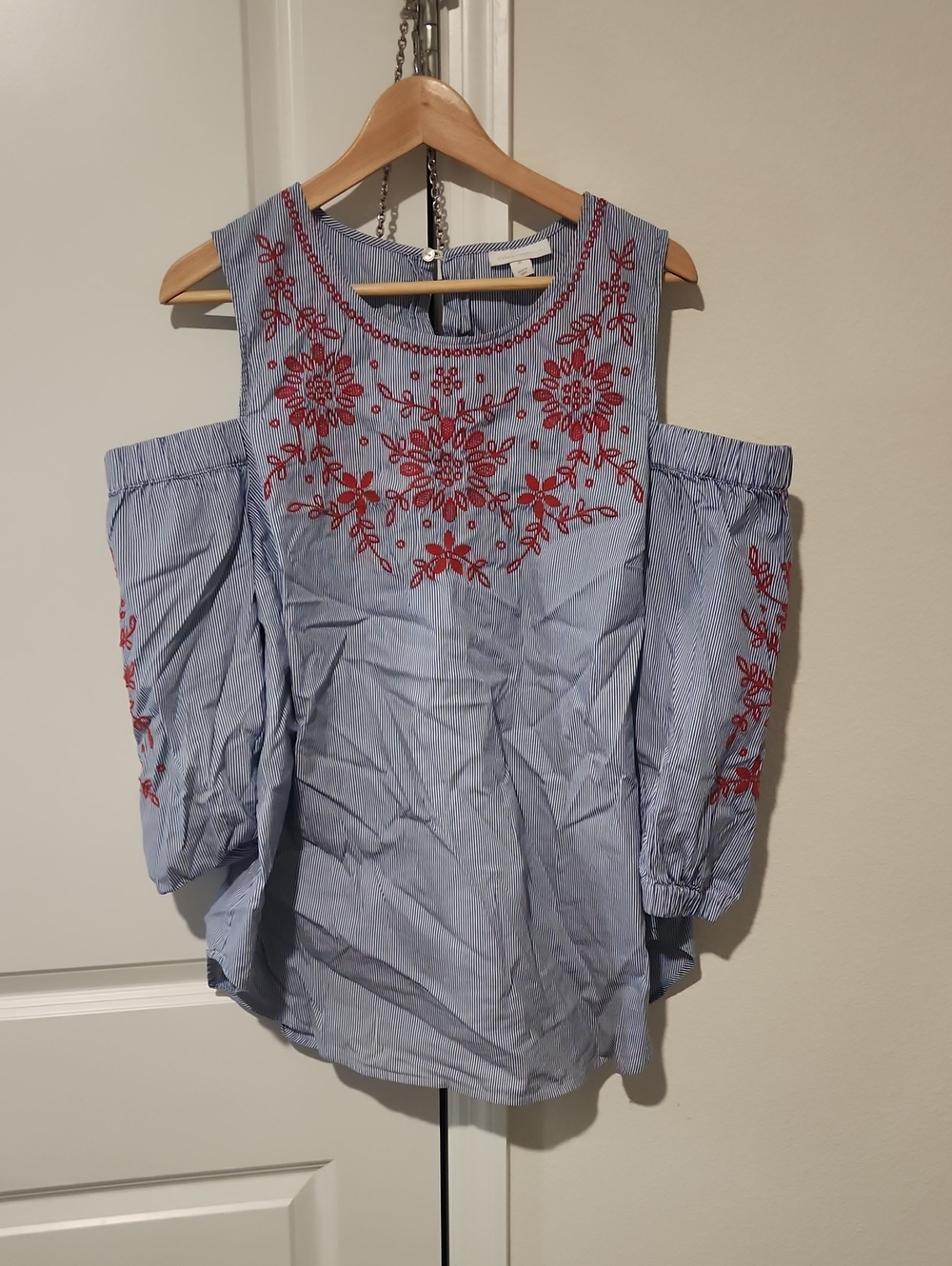 Charter Club Blue Pinstripe Cold-Shoulder Blouse with Red Floral Embroidery